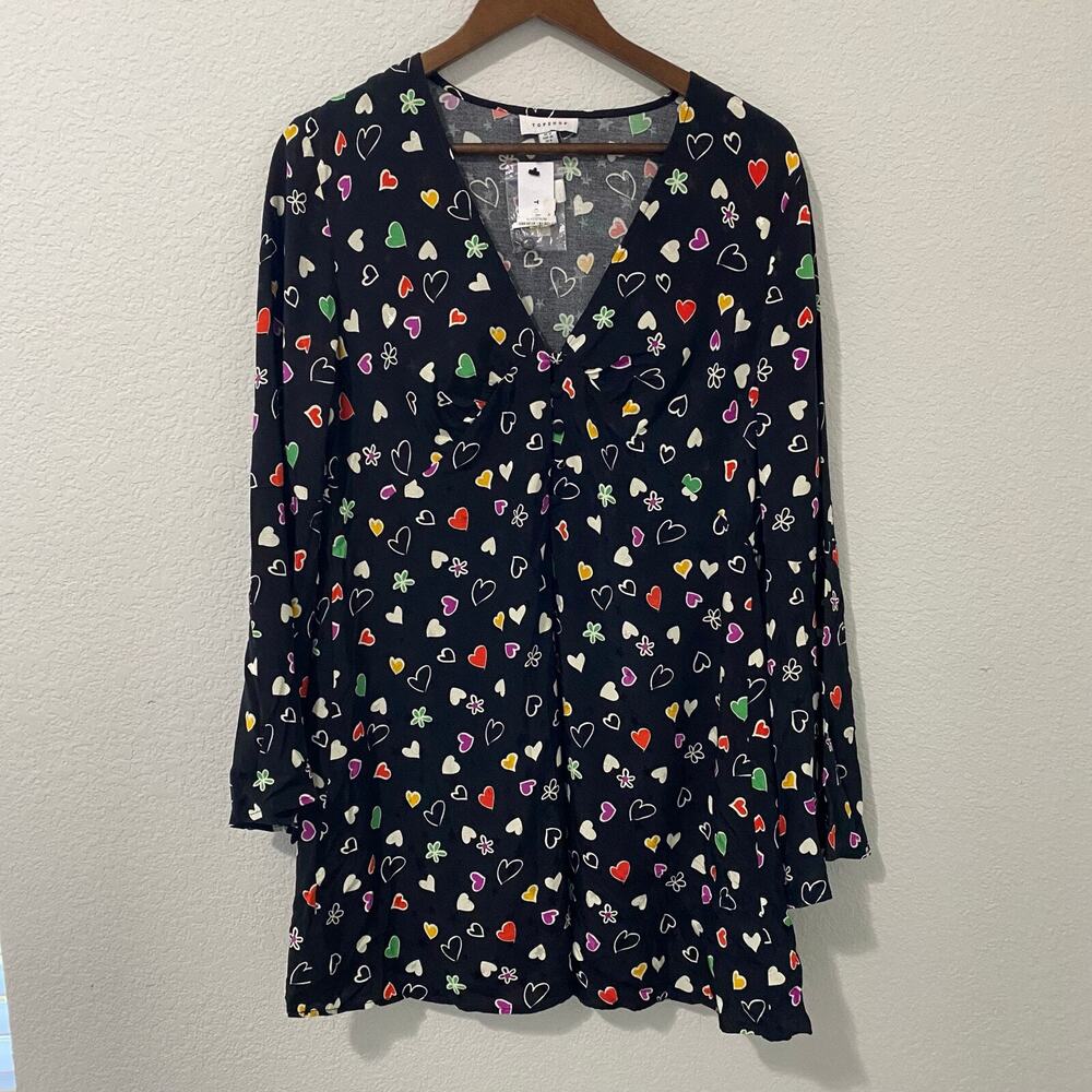 Topshop Skater Dress Womens Size 8 Long Sleeve Mini Heart Floral Print NWT